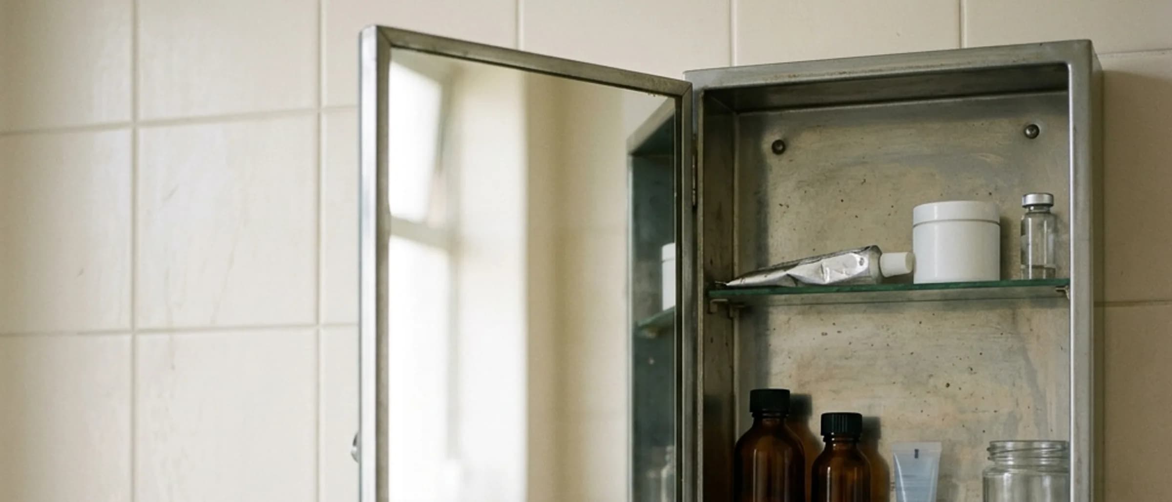 An open mirrored medicine cabinet door against a tiled bathroom wall.