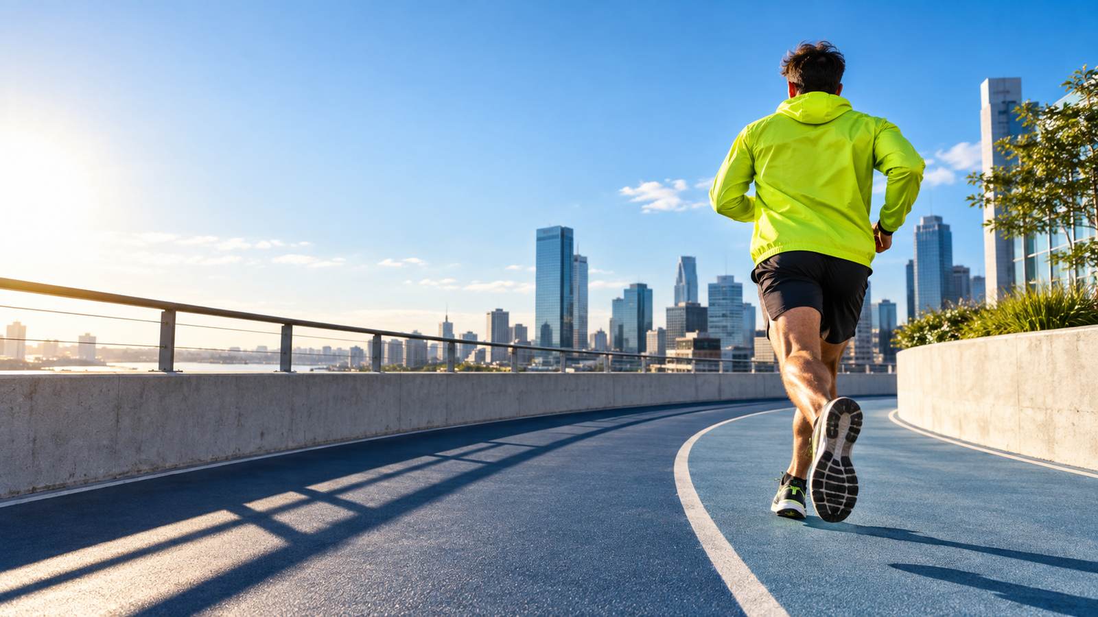 Runner in a lime jacket crossing a city rooftop track